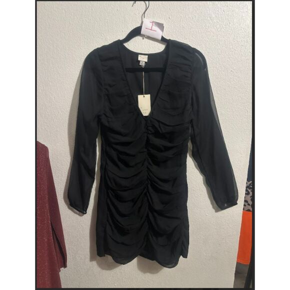 01 A New Day Black Long Sleeve Ruched Mesh Mini Dress - Picture 3 of 4